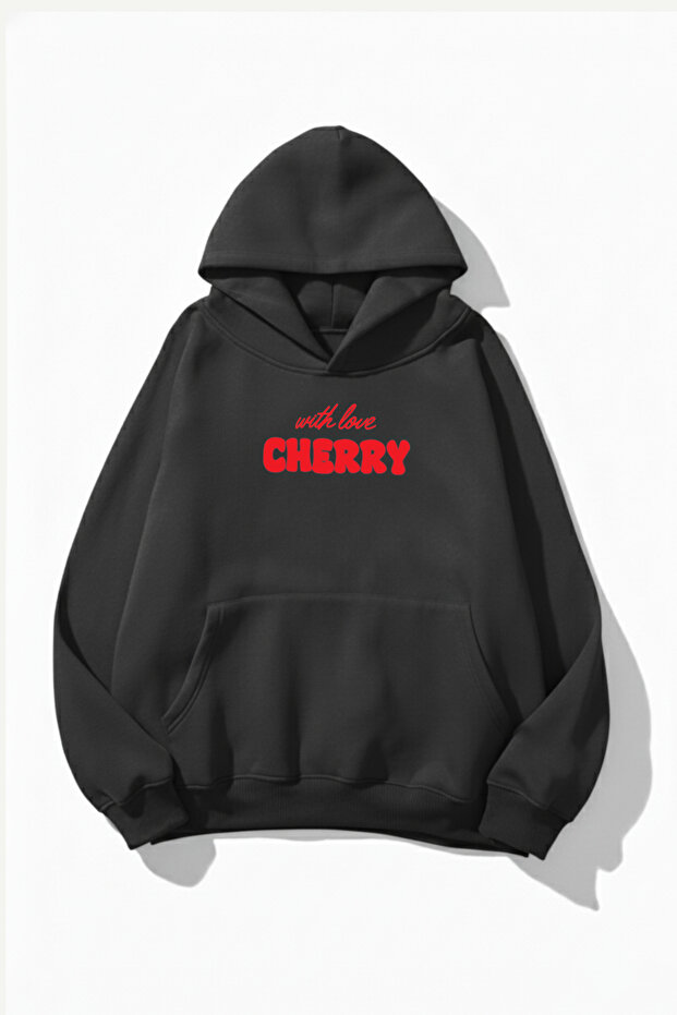 Unisex Soft Textured with Love Cherry Printed Design Oversized 3 Thread Hoodie Sweatshirt