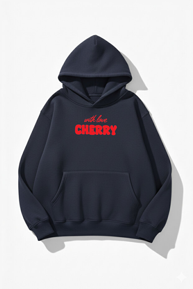 Unisex Soft Textured with Love Cherry Printed Design Oversized 3 Thread Hoodie Sweatshirt