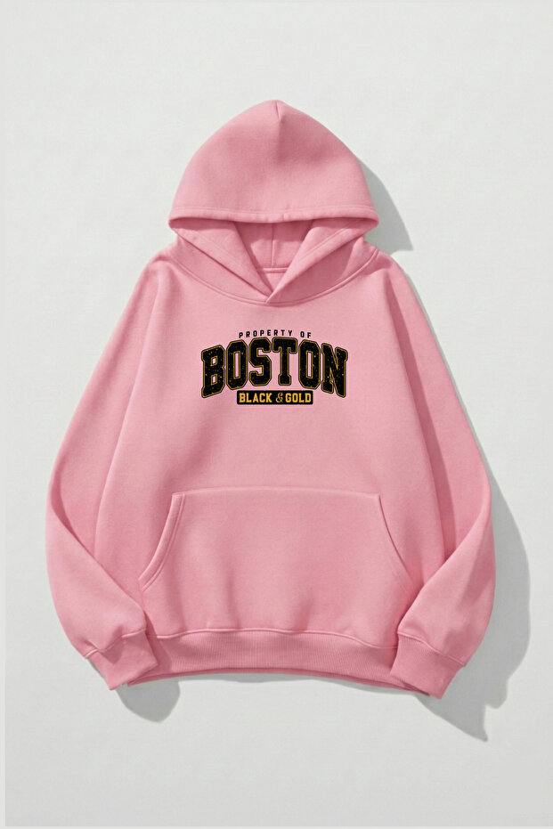Unisex Soft Textured Boston Black & Gold Printed Design Oversized 3 Thread Hoodie Sweatshirt