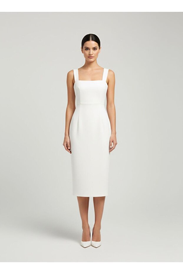 Kare Yaka Midi Elbise - 1