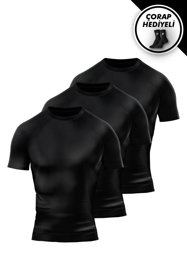 3-Pack Black Compression T-Shirt - Muscle Fit Athlete T-Shirt Set with Socks Gift