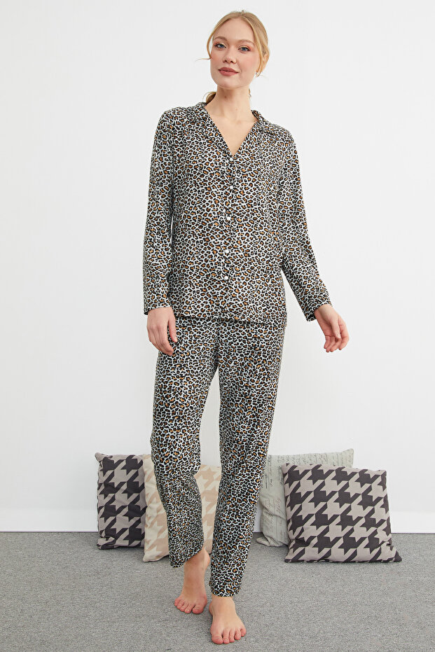 Leopard Patterned Polo Neck Buttoned Pajama Set - 3