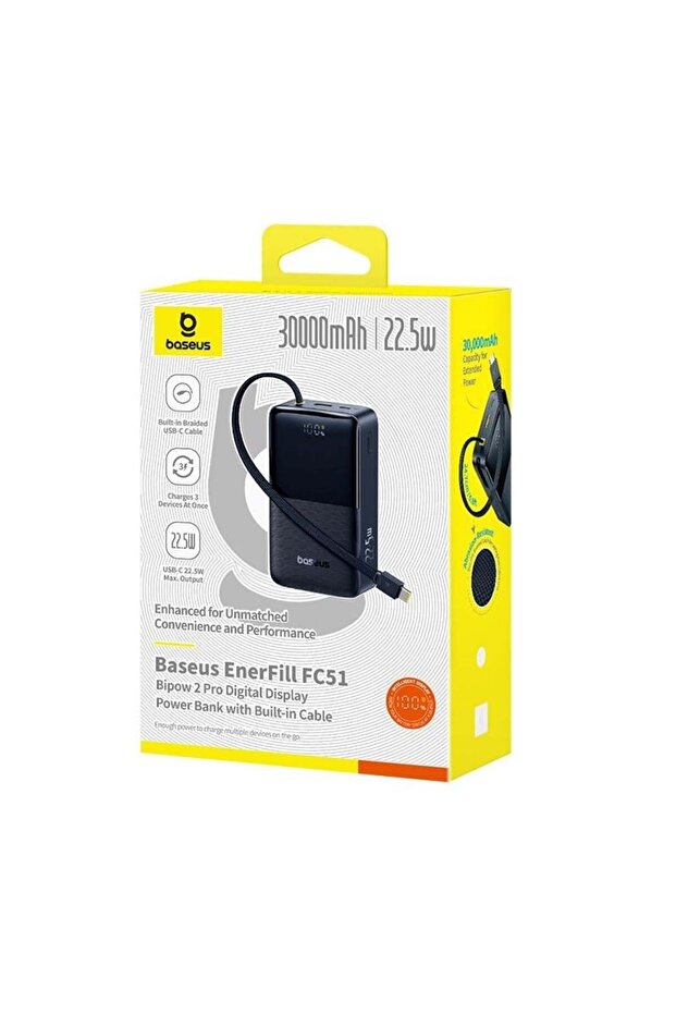 EnerFill Bipow2 Pro 30000 mAh Power Bank, Dahili USB-C Kablosu, 22.5W Hızlı Şarj, LED Ekran, Siyah - 3