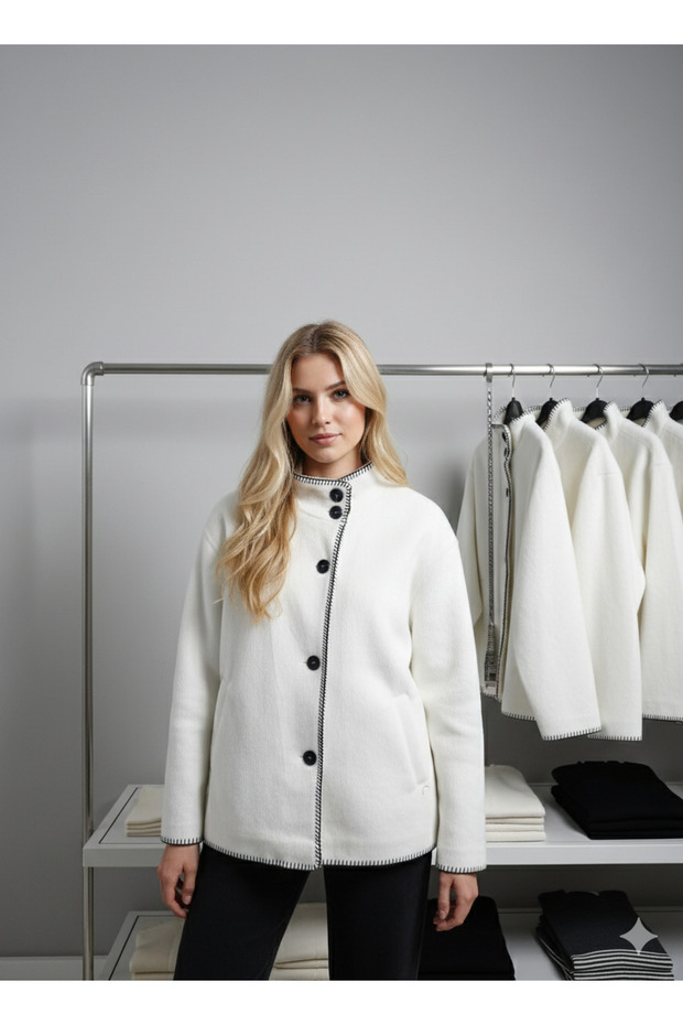 Women's Mock Neck shearling-look cropped coat with stitch detail d99879