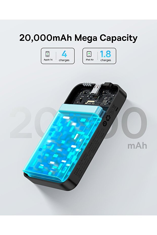 EnerFill FM41 Mini Magsafe Powerbank 20.000 mAh 20W - Siyah (C'den C'ye 20V/3A 30cm siyah kablolu) - 6