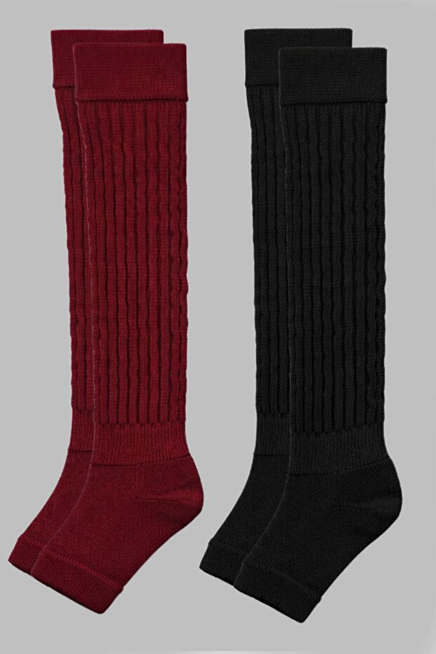 2 Pairs of Fingerless, Thick Ribbed, Above-Knee Leggings with Cotton Content