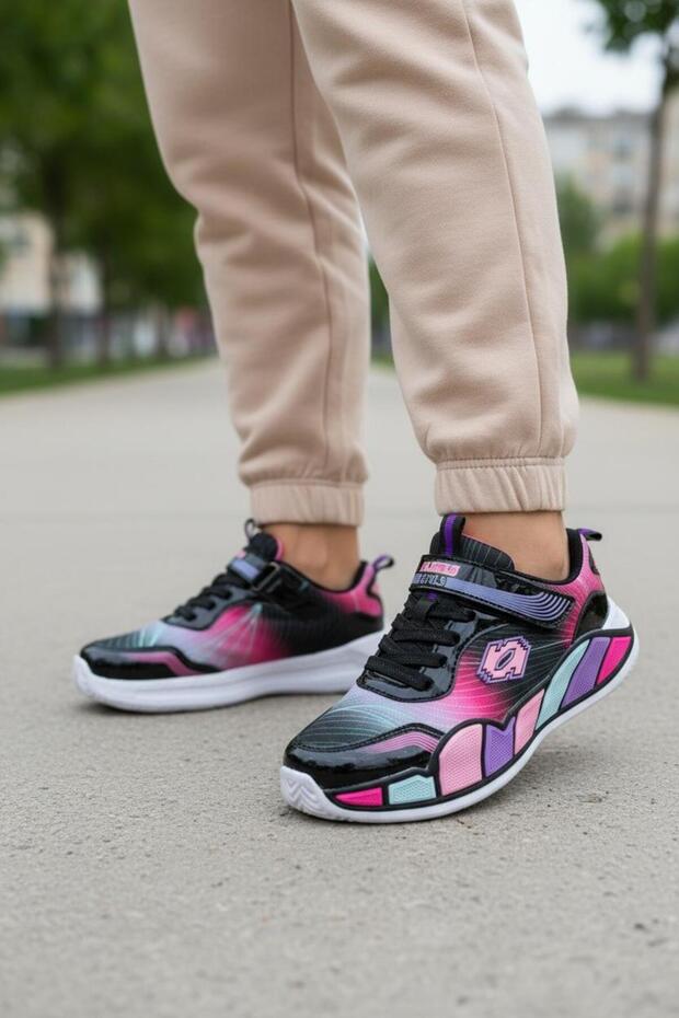 02 Orthopedic Girl's Black/Fuchsia Comfortable Sneaker