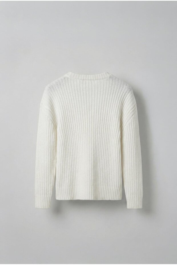 Erkek Oversize Fitilli Basic Triko Kazak Ekru - 2