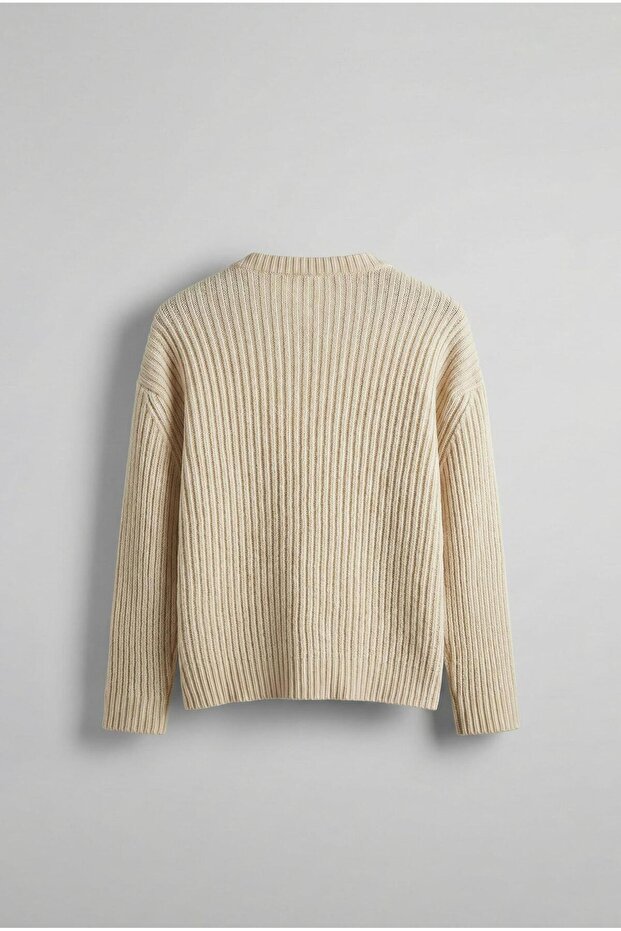 Erkek Oversize Fitilli Basic Triko Kazak Bej - 7