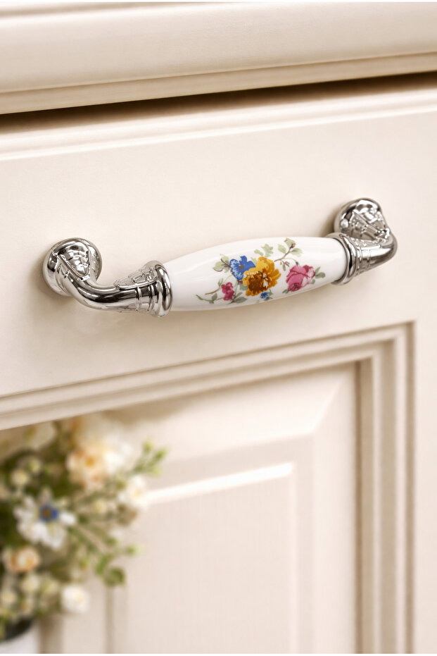 5-Piece 96 mm Genuine Porcelain Handle with Floral Pattern and Chrome Feet for Kitchen & Cabinet [Pack of 5]