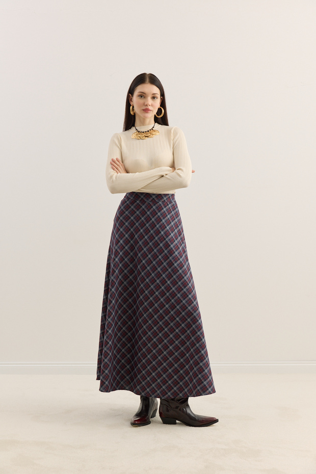 Plaid Flared Skirt Burgundy