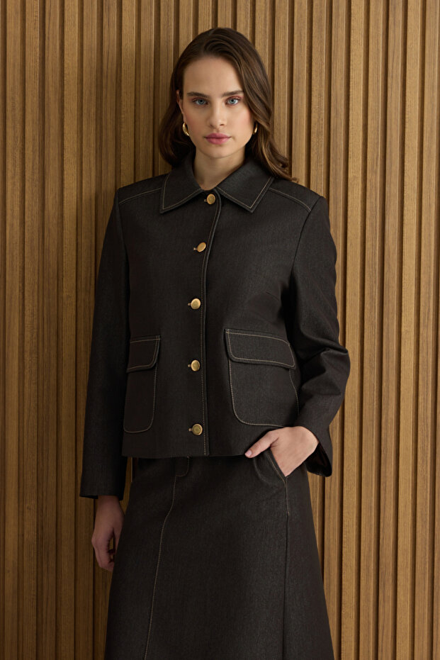 Brown Denim Look Short Jacket - 1