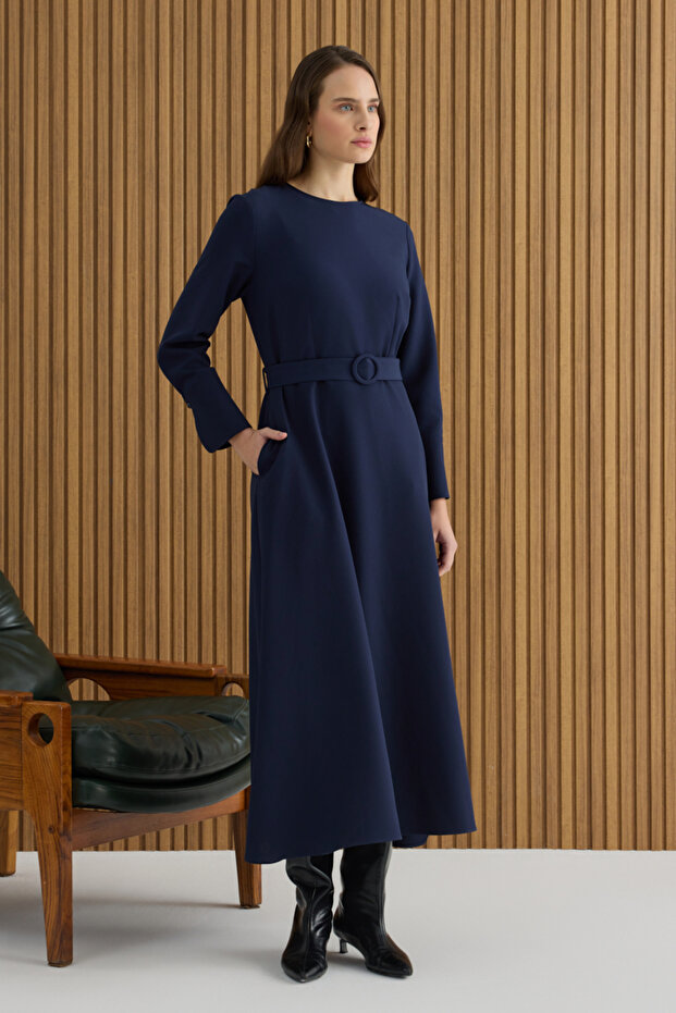 Lacivert Kemerli Evaze Elbise - 4