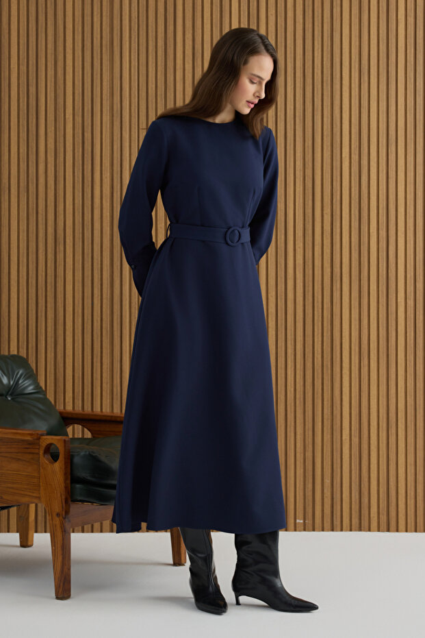 Lacivert Kemerli Evaze Elbise - 1