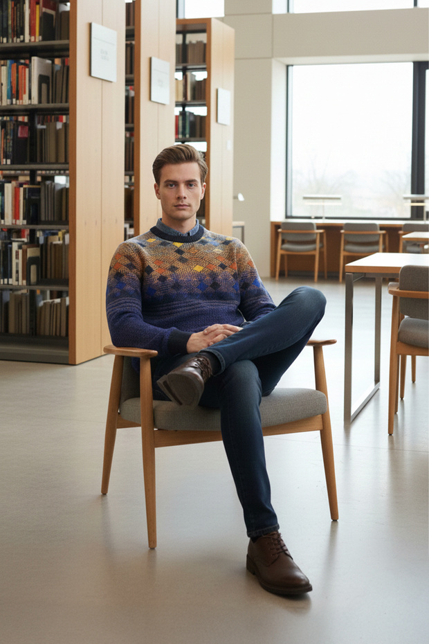 Men's Crew Neck Geometric Pattern Sweater - 3