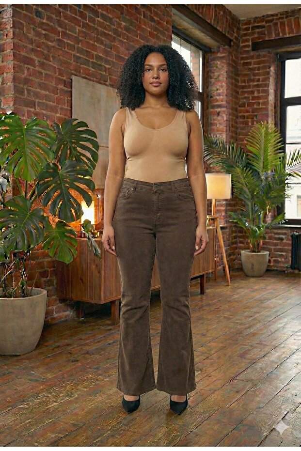 واسع الأرجل بنطلون جينز مقاس كبير بني - 5