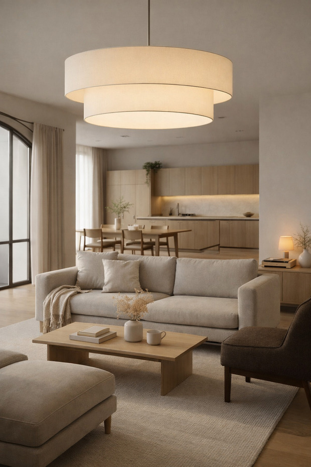 Çift Katmanlı Krem Kumaş Sarkıt Avize - 1