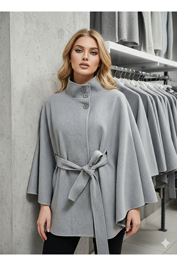 Women's belted Mock Neck buttoned cape cashmere poncho