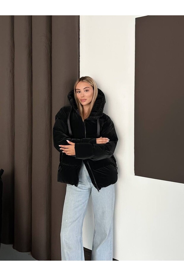 Kapüşonlu Kadife Puffer Mont - 3