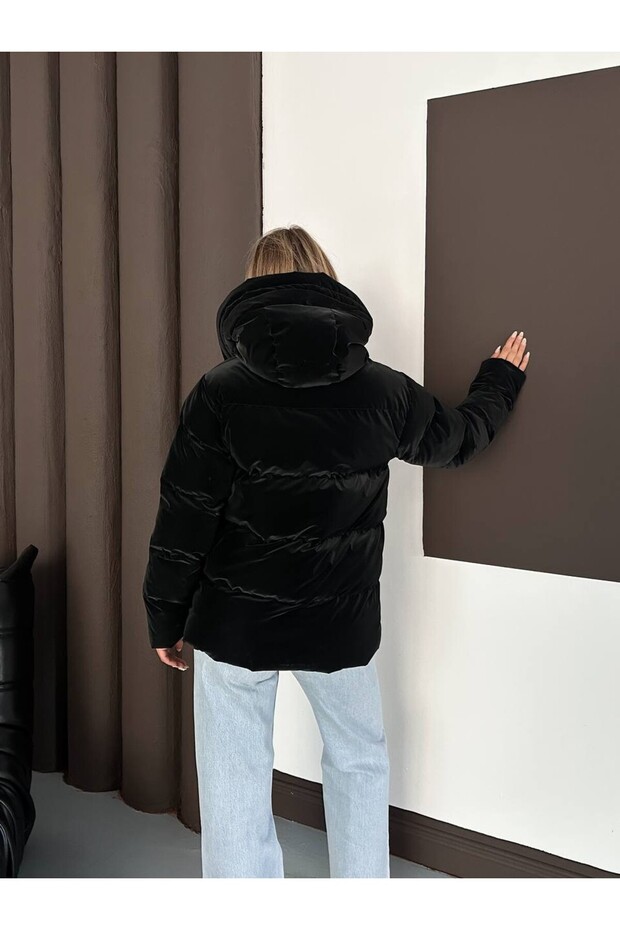 Kapüşonlu Kadife Puffer Mont - 8
