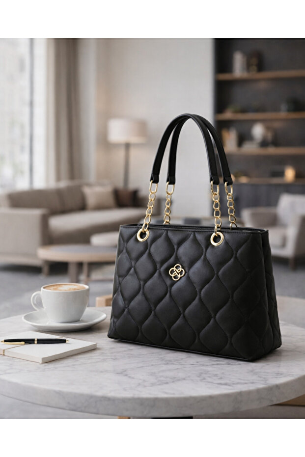 Women's Black Quilted Leather Shoulder Bag – Clutch Bag, Handbag, Chain Detail ROSE
