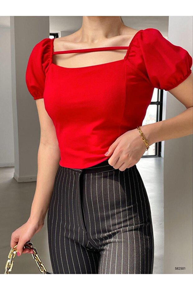 Crepe Fabric Thin Strap Crop 582501 Red