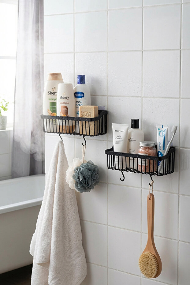 2-Piece Adhesive Bathroom Shelf, No Drilling Required, Shower Shelf Organizer, Plastic Shampoo Holder, Bathroom Organizer