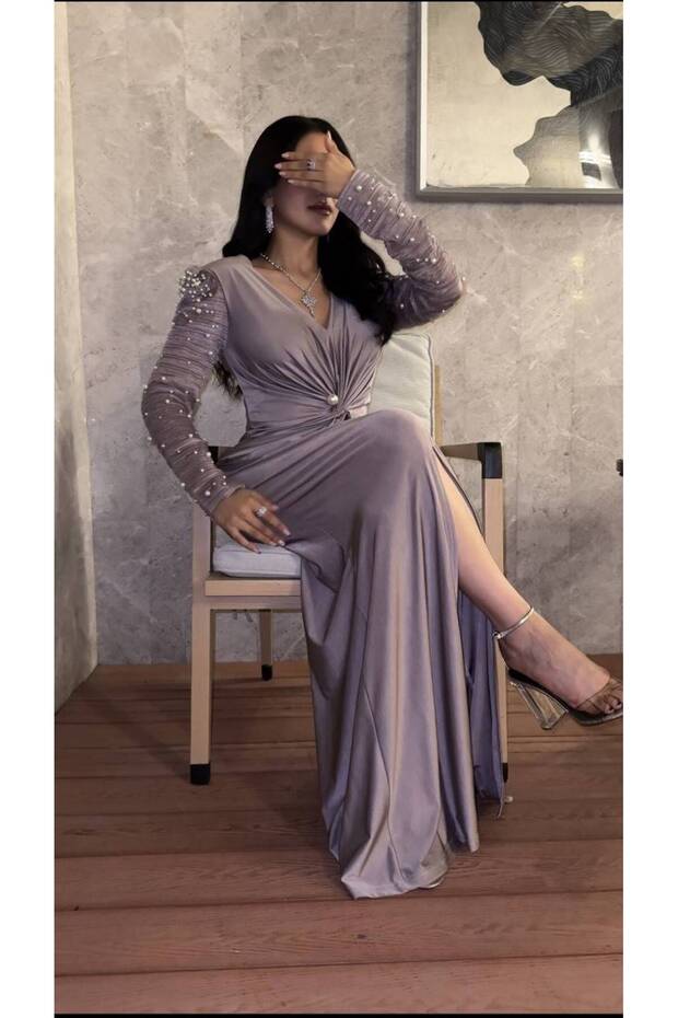 فستان سهرة ناعم كم طويل لونين