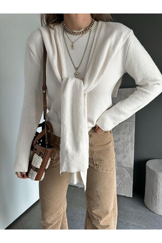 Krem Bağlamalı Basic Kazak - 2