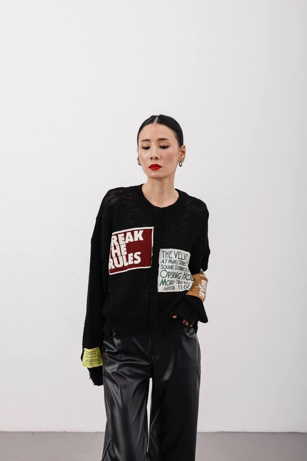 Slogan Detailed Jacquard Short Women's Knitwear Sweater Twmuadil