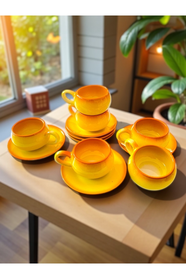 Decorative Stylish Design Tea-Coffee Cup Set in Yellow and Brown Colors for 6 People