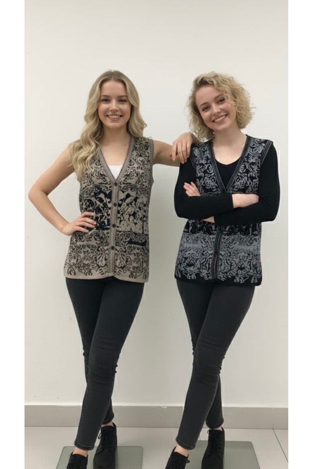 Women's 2-Pack Jacquard Knitted Set - Anthracite & Beige Color 38-46 Size