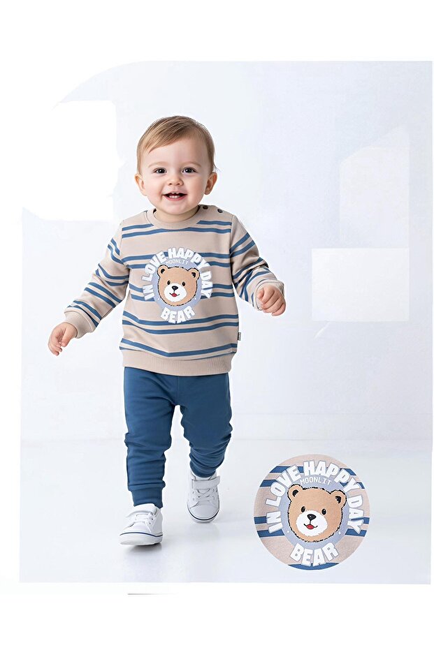 Baby Boy Transitional Sets | Striped Teddy Bear Printed Sweatshirt & Sweatpants