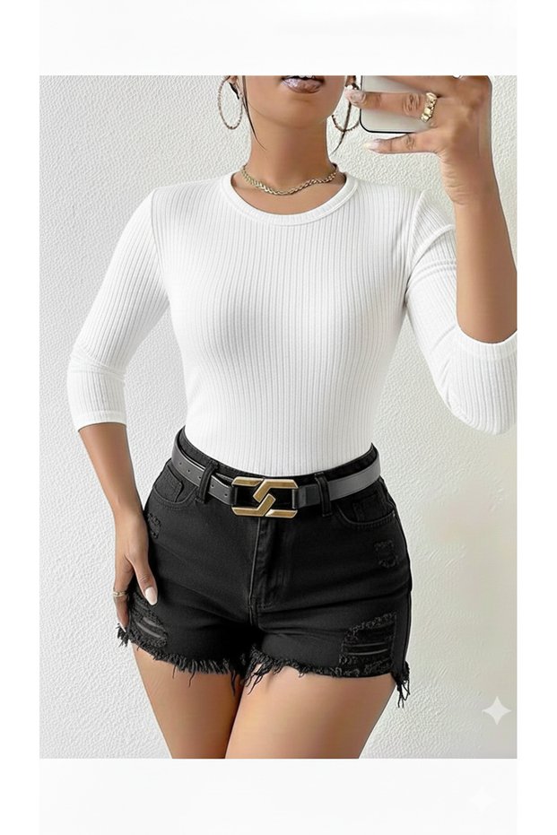 Women's White Color Capri Sleeve Crew Neck Ribbed Knit Fabric Blouse