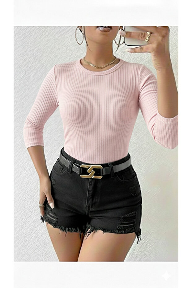 Women's Powder Color Capri Sleeve Crew Neck Ribbed Knit Fabric Blouse