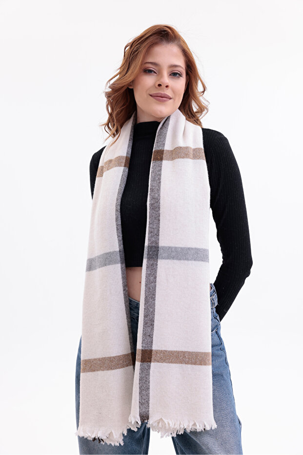 Real Genuine Cashmere Women's Cream Plaid Pattern Shawl Scarf - Soft Cotton Weaving Never Do It