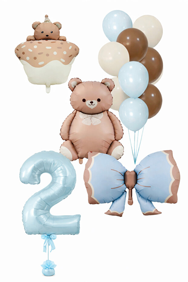 2 Year Old Teddy Bear Balloon Set – Baby Shower Retro Blue Coffee Cream Colors