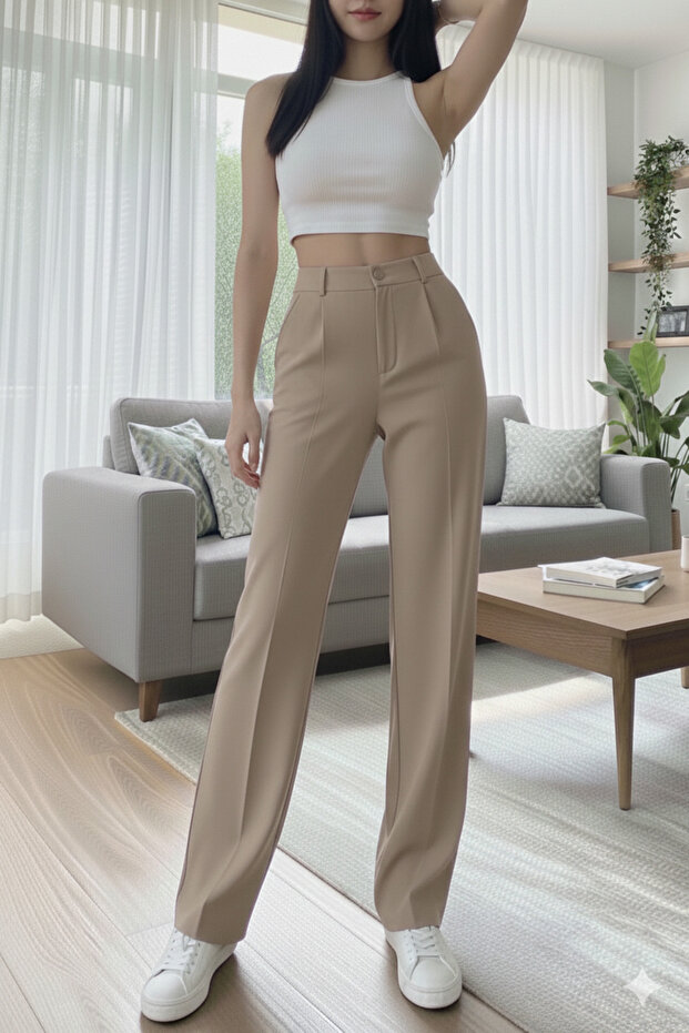 Morena Basic Geniş Paça Krep Pantolon - 4