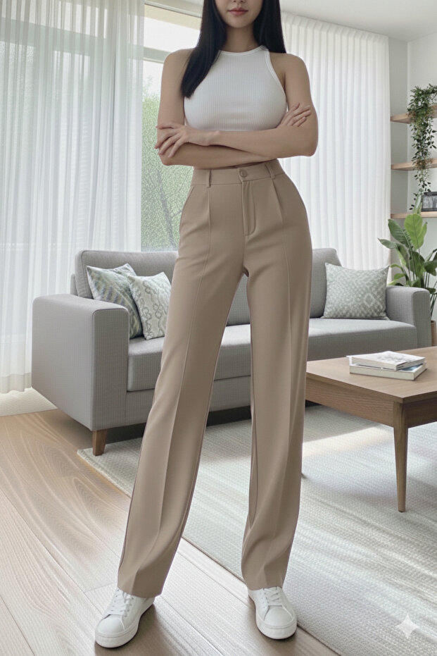 Morena Basic Geniş Paça Krep Pantolon - 6