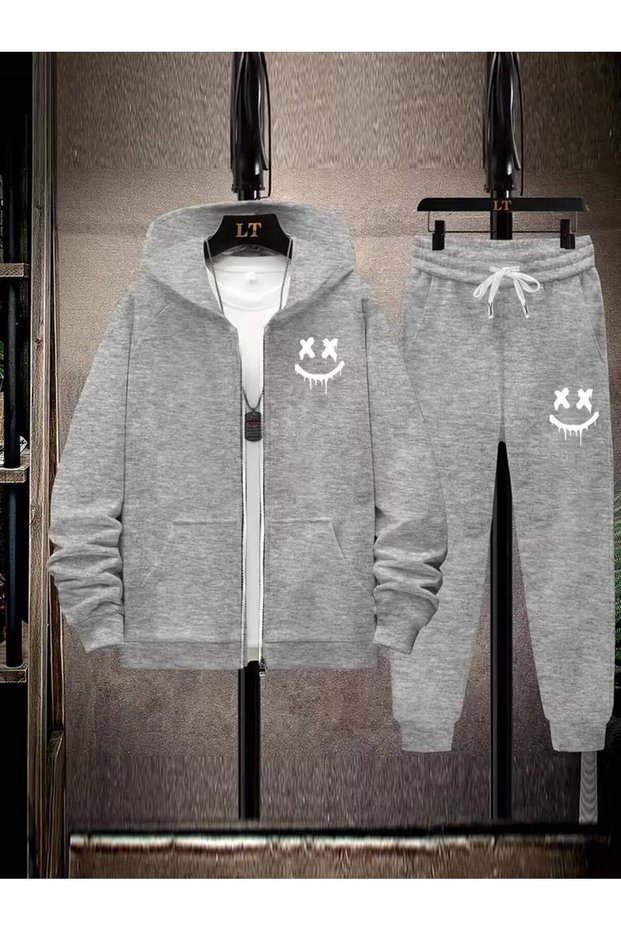 Men's Hooded Zippered Emoji Printed Casual Tracksuit Set