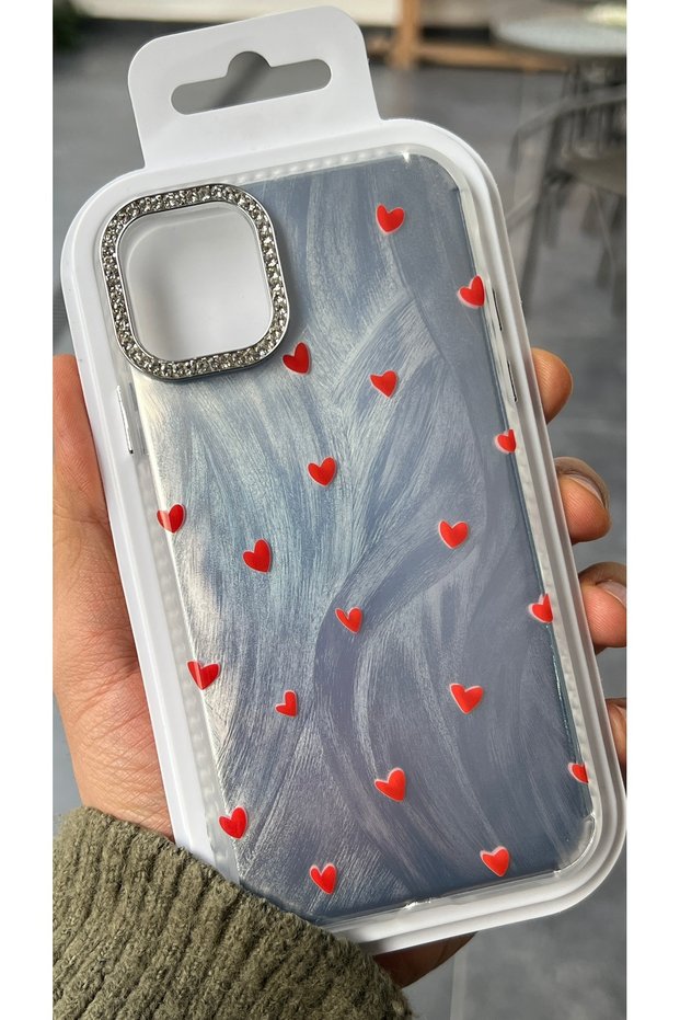 iPhone 11 Compatible - Heart Pattern Feather Hologram Silver Camera Surrounding Rhinestone Phone Case