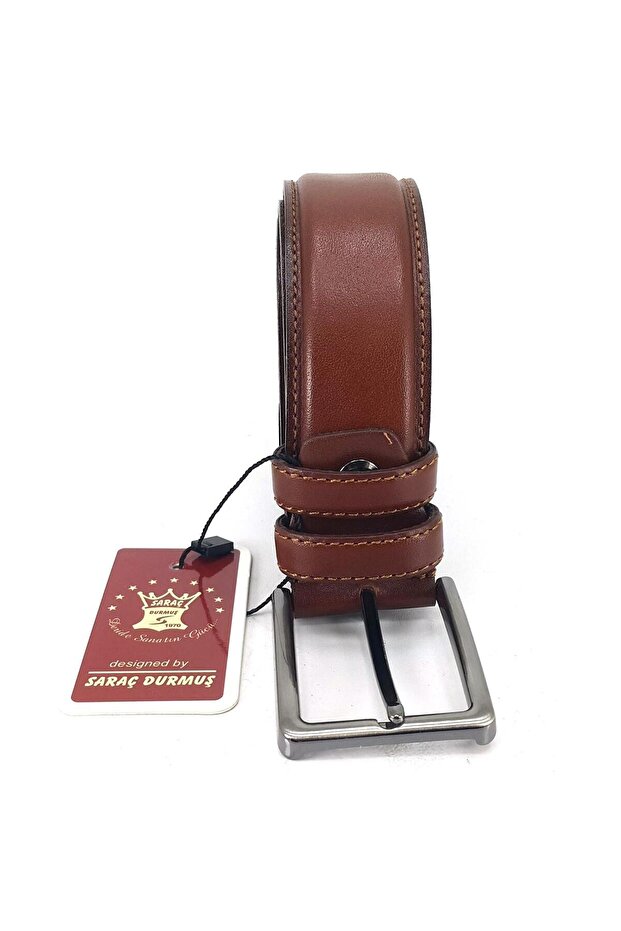 Saraç 1101 24K Men's Classic Stitched Belt Red Brown