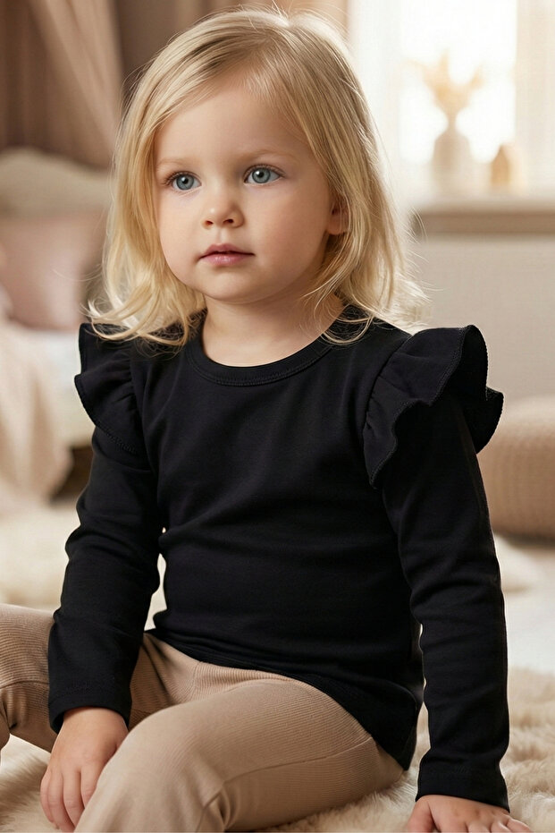 Baby Girl Black Shoulder Ruffle Crew Neck Body Sweatshirt