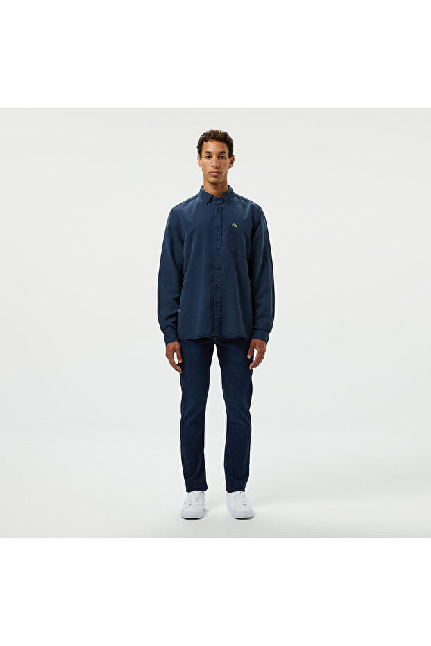 Erkek Slim Fit Düğmeli Yaka Lacivert Gömlek - 4