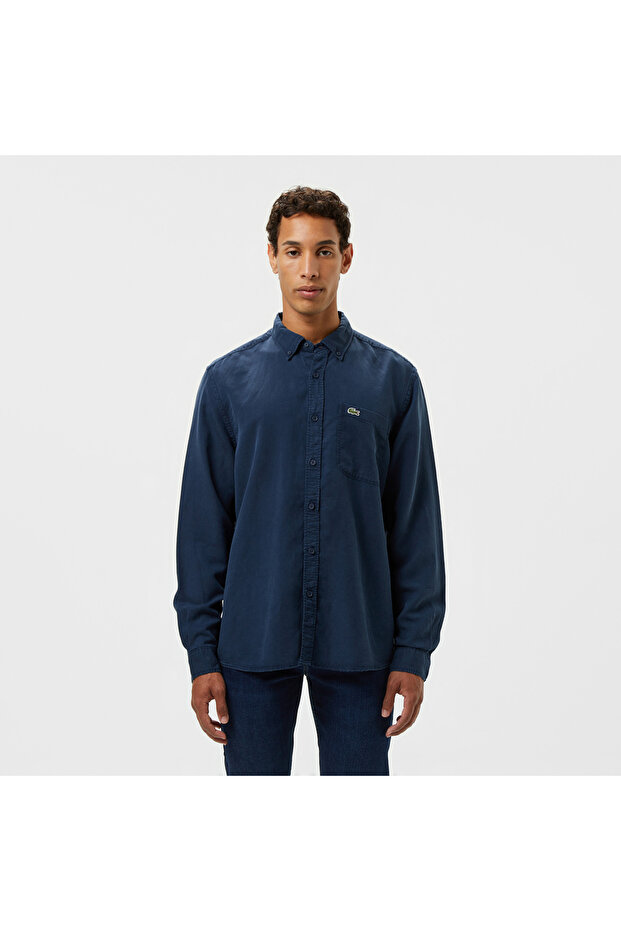 Erkek Slim Fit Düğmeli Yaka Lacivert Gömlek - 1