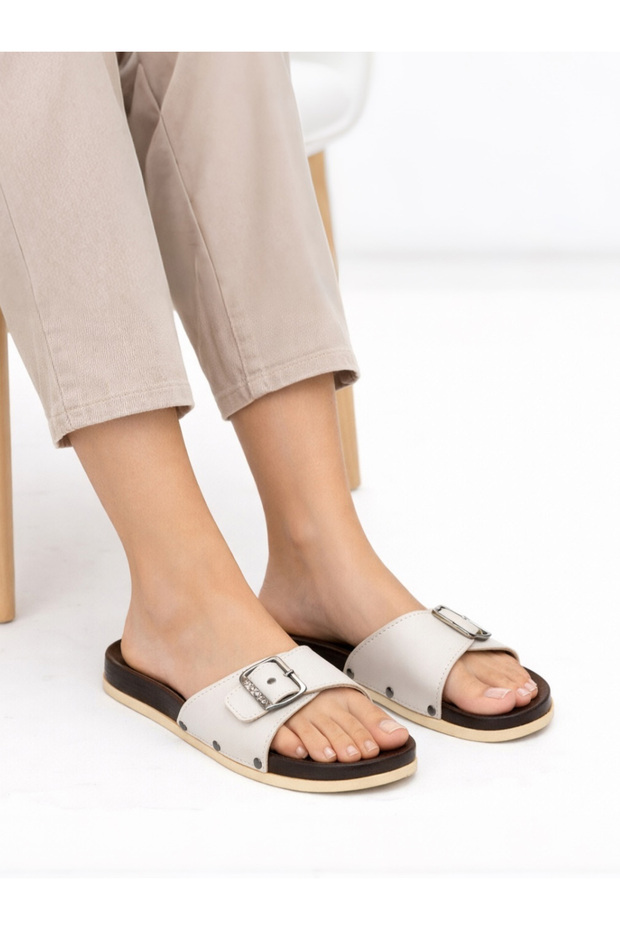 Prm 21501 Wood Look Single Buckle Casual Women's Slippers Home and Outdoor Slippers