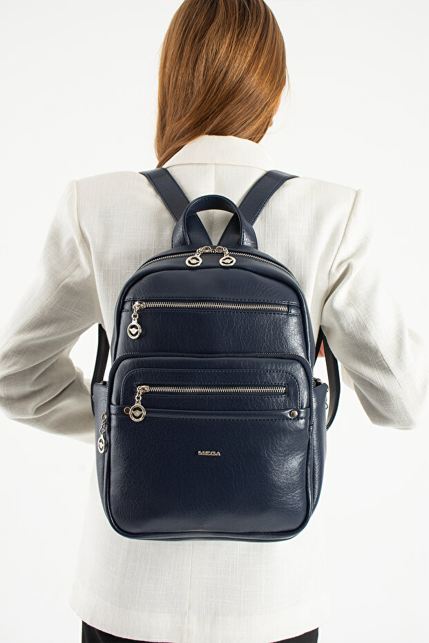 Navy Blue Women's Soft Leather-Look Multi-Compartment Casual Women's Backpack