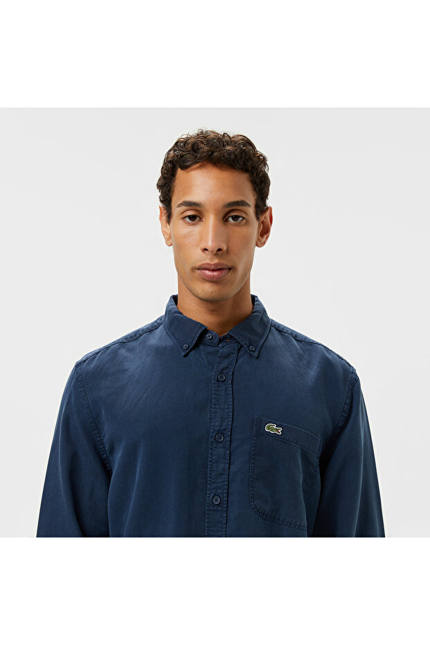 Erkek Slim Fit Düğmeli Yaka Lacivert Gömlek - 2