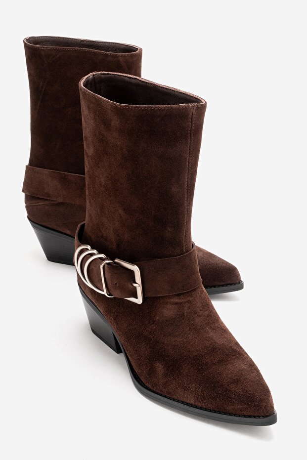 Velmor Brown Suede Genuine Leather Buckle Women's Western Boots