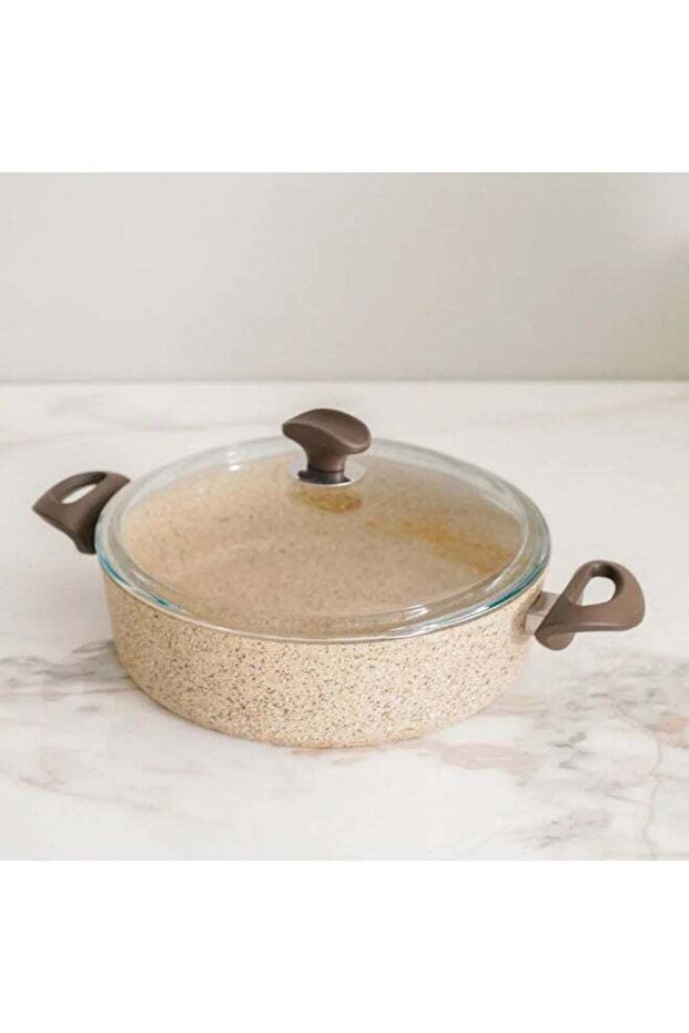 Creamy Shallow Casserole 26x7cm Nonstick Granite Low Pot with Glass Lid